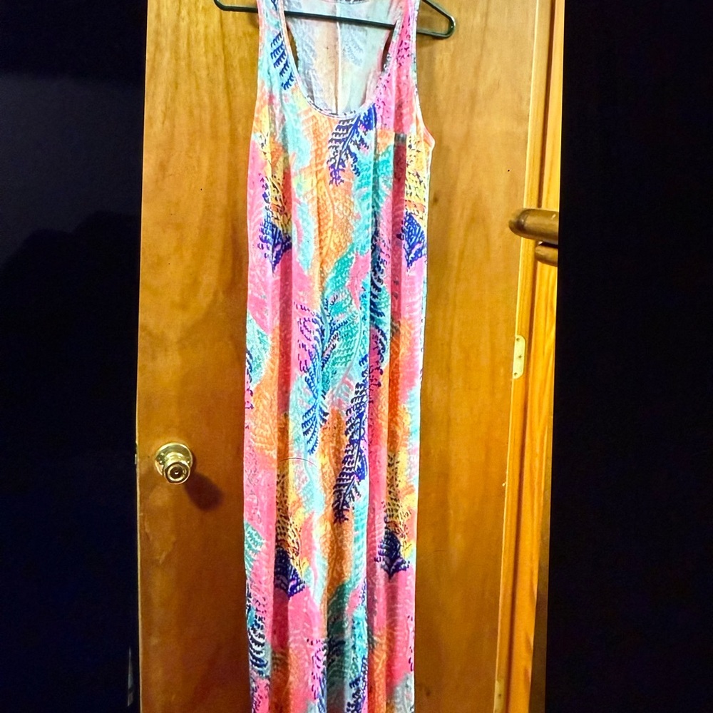 Lilly Pulitzer Pink and Blue Leaf Print Maxi Dress